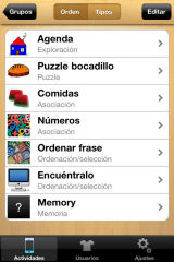 Captura del menú de actividades de la app Picaa.